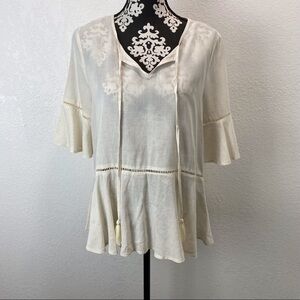 Entro Linen Blend Ruffle Hem and Sleeve Boho Lagenlook Top
